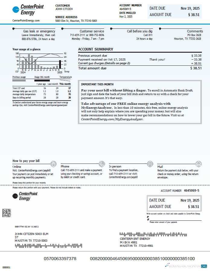 download download USA Center Point Energy utility bill template in Word and PDF formats PDF template PDF template